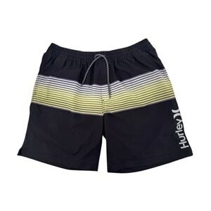 Hurley Board Shorts Men Large Black Yellow Striped Elastic Waist Swim Trunk Surf
